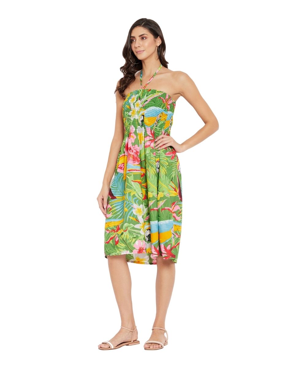 Tropical Printed Multicolor Polyester Tube Dress For Women