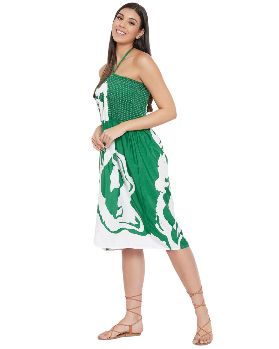 Green Floral Printed Polyester Tube Dress For Women