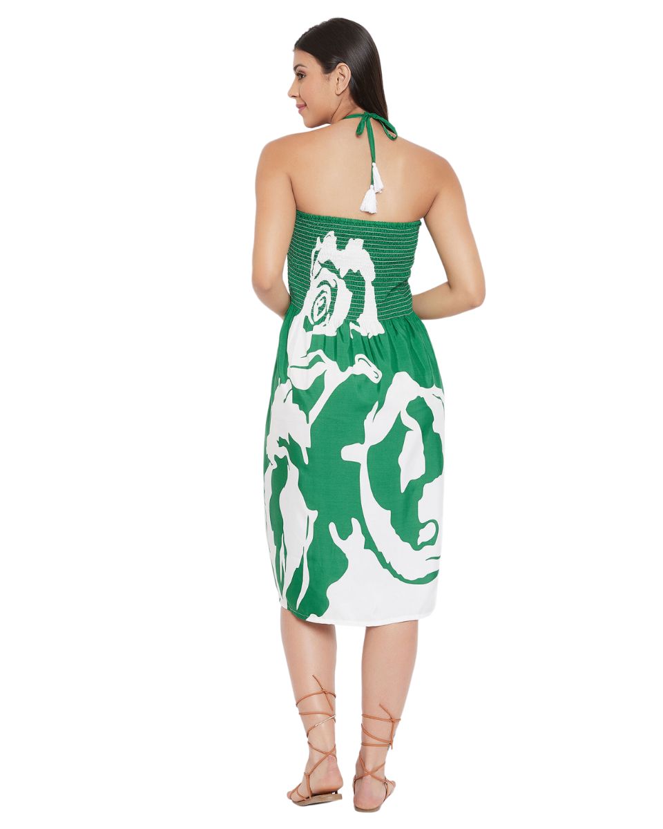 Green Floral Printed Polyester Tube Dress For Women