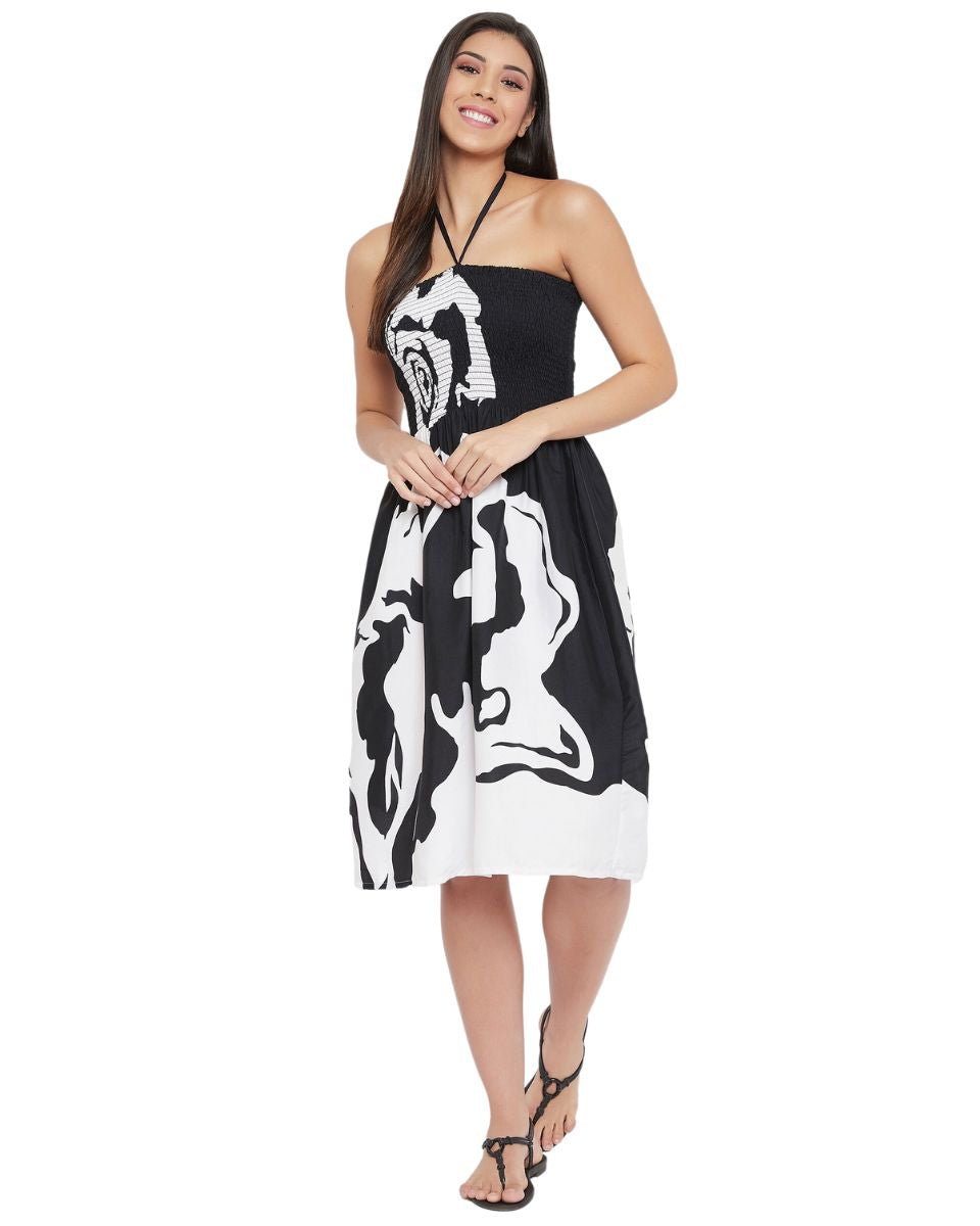 Floral Printed Black Polyester Tube Dress For Women