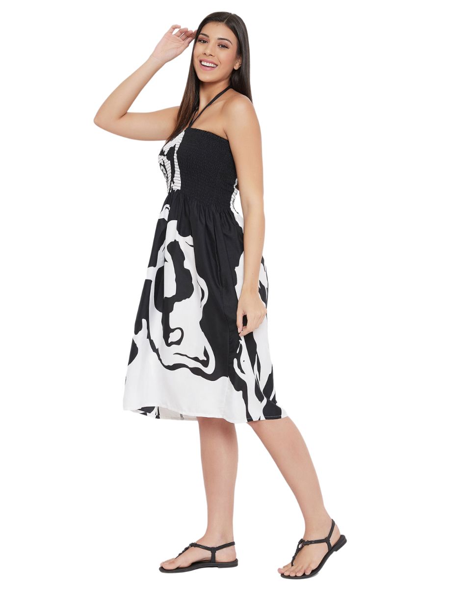 Floral Printed Black Polyester Tube Dress For Women