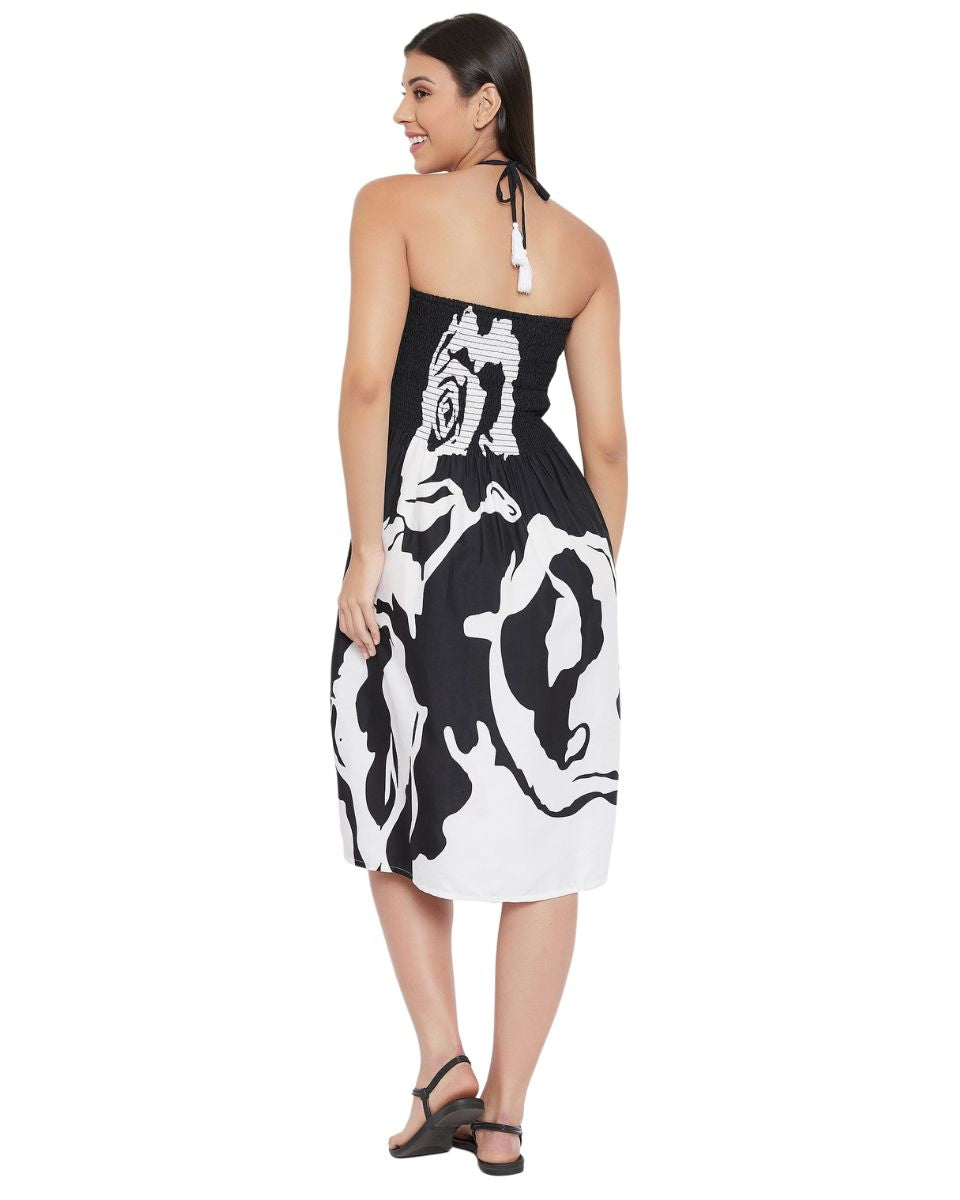 Floral Printed Black Polyester Tube Dress For Women