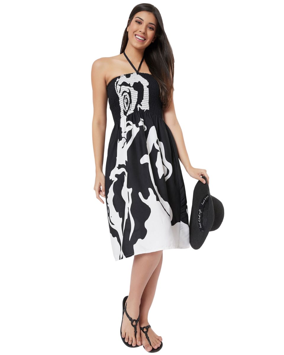 Floral Printed Black Polyester Tube Dress For Women