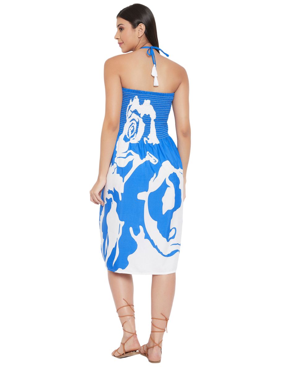 Floral Printed Blue Polyester Tube Dress for Women