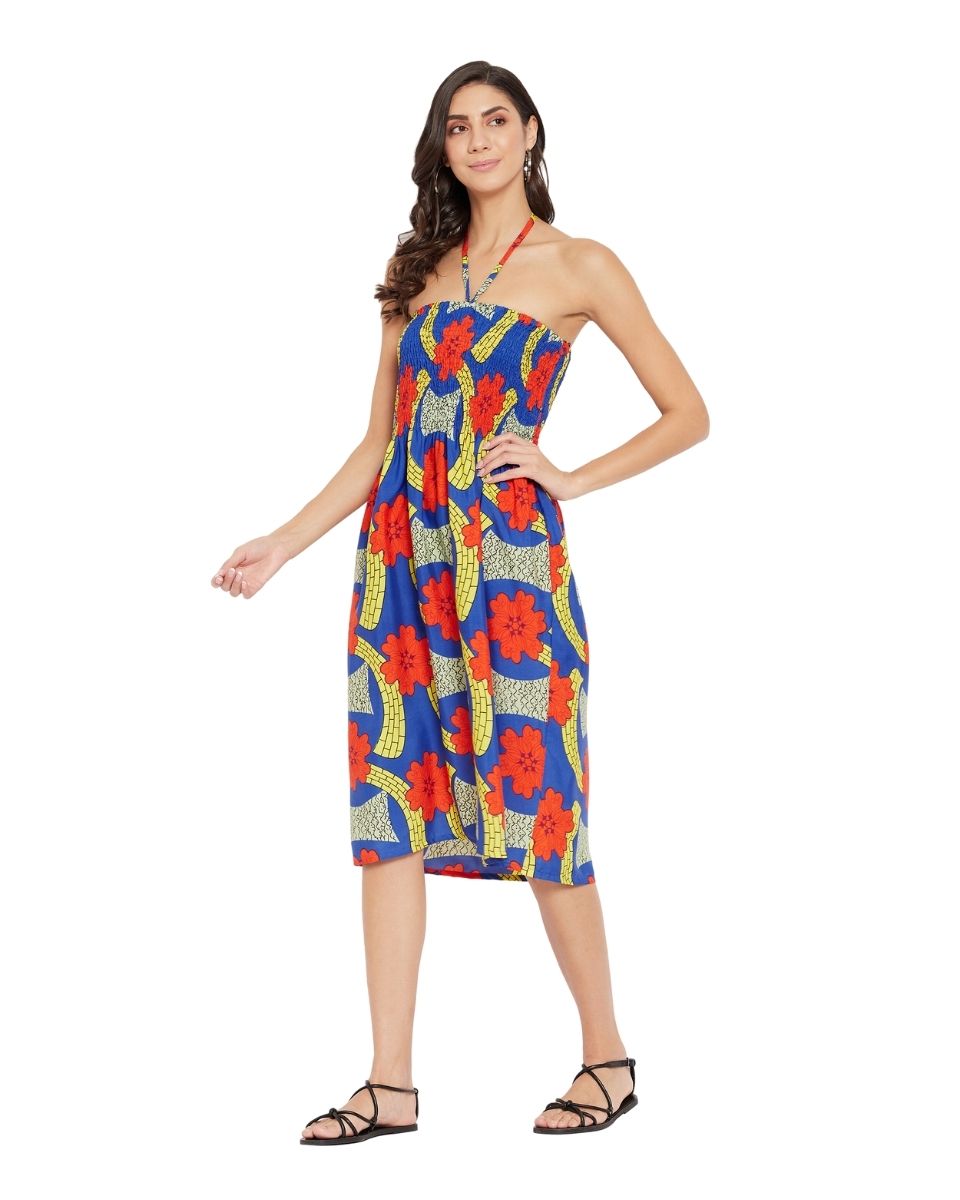 Floral Printed Royal Blue Polyester Tube Dress for Women