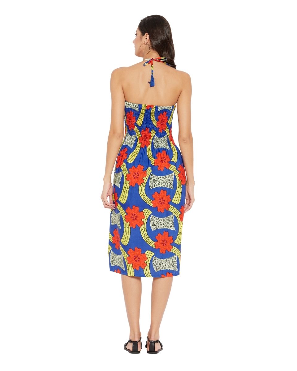 Floral Printed Royal Blue Polyester Tube Dress for Women