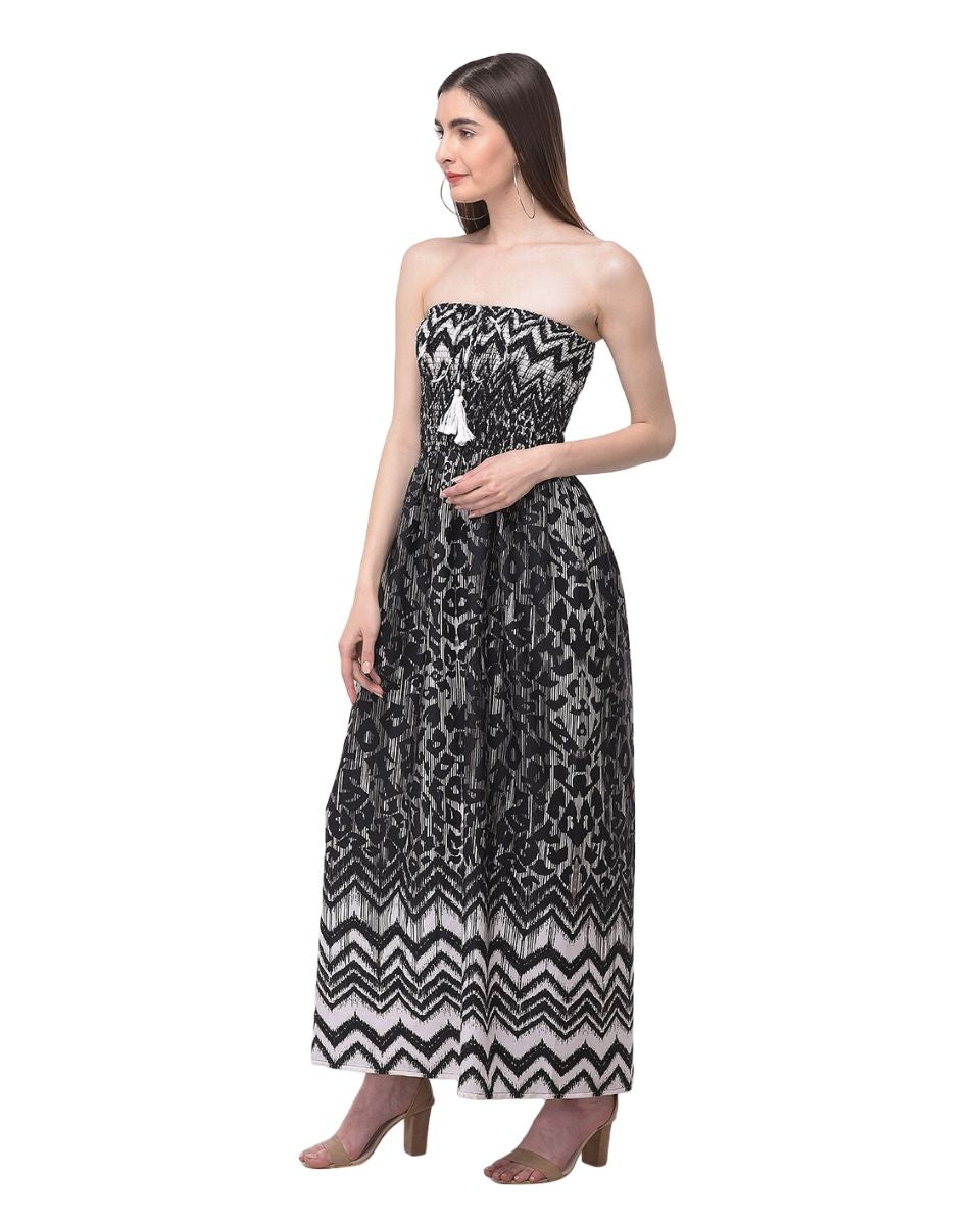 Abstract Printed Black Polyester Tube Dress for Women