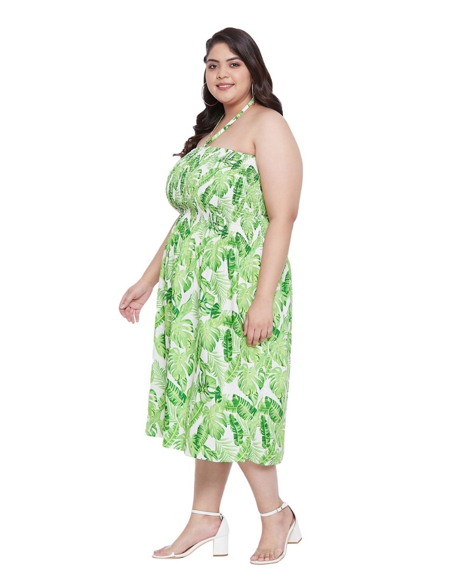 Leaf Printed Green Polyester Tube Dress for Women