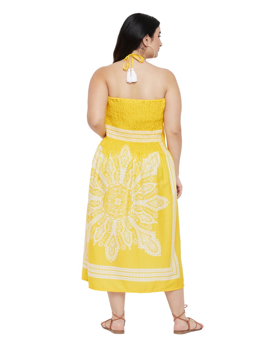 Floral Printed Yellow Polyester Tube Dress for Women