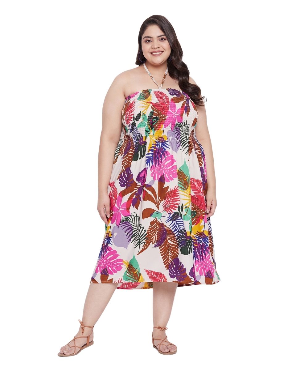 Leaf Printed Multicolor Polyester Tube Dress for Women
