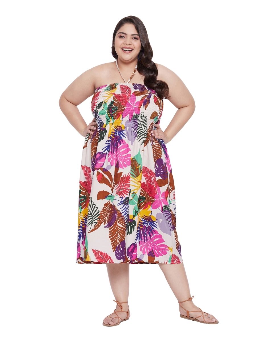 Leaf Printed Multicolor Polyester Tube Dress for Women