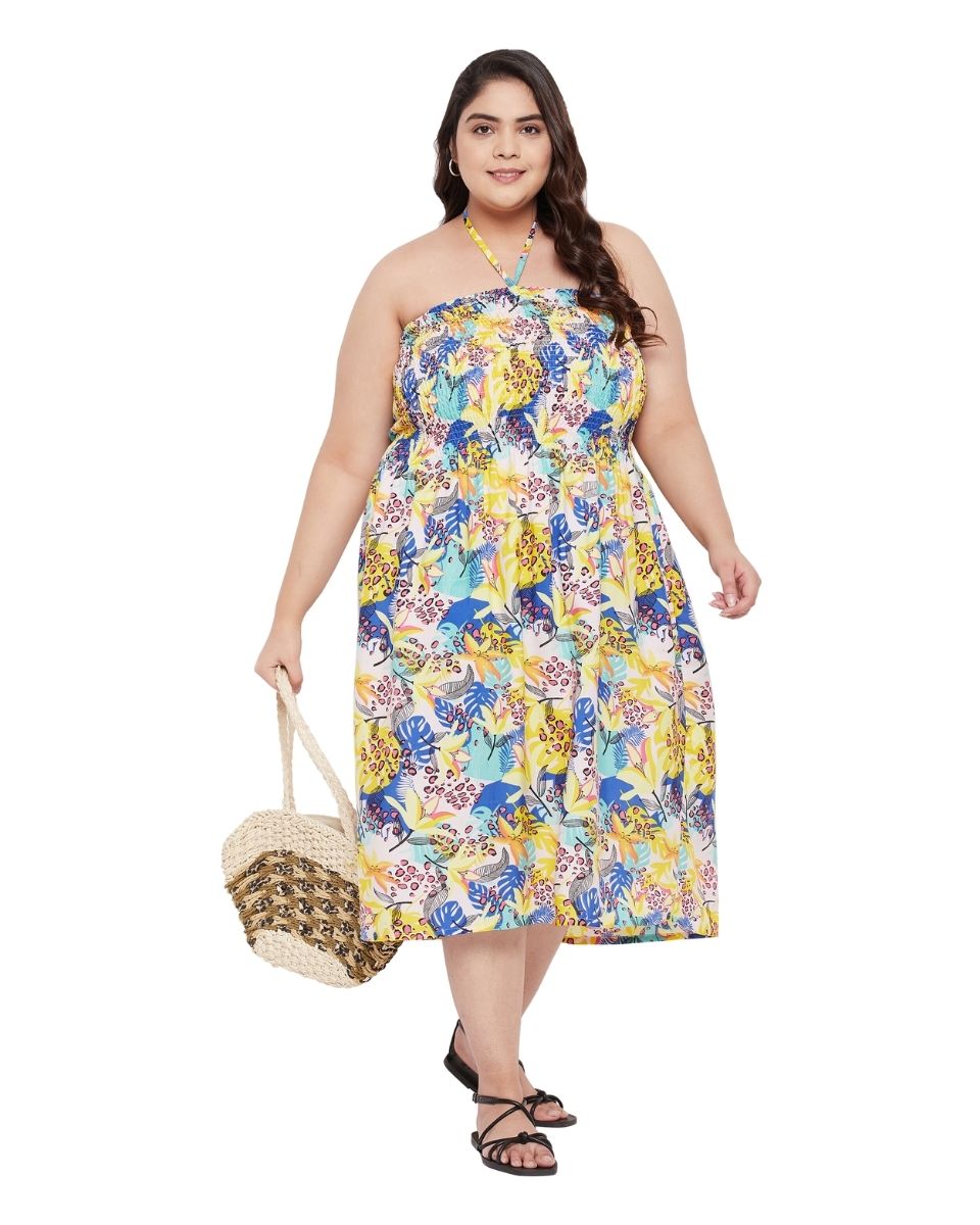 Floral Printed Yellow Polyester Tube Dress for Women