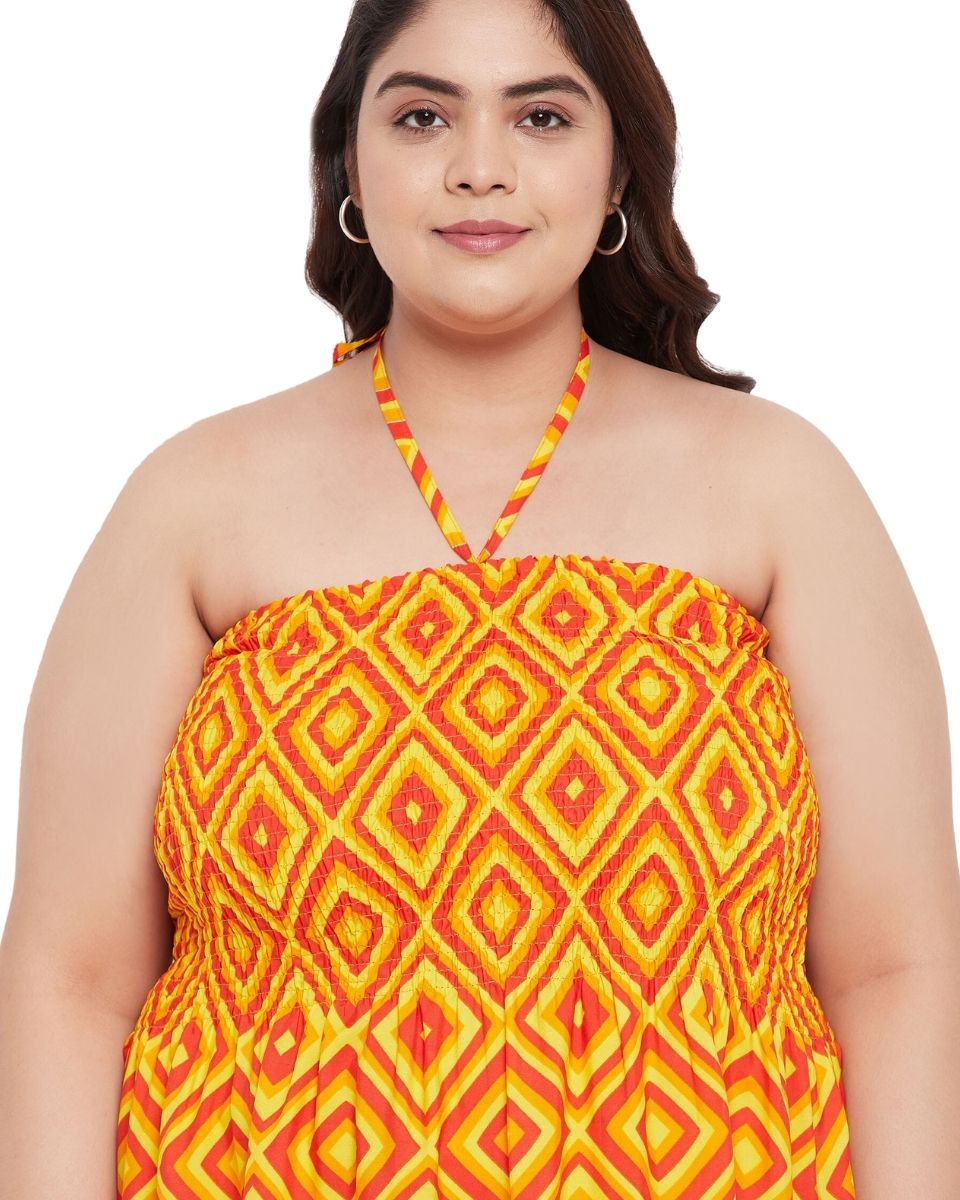 Geometric Printed Orange Polyester Tube Dress for Women