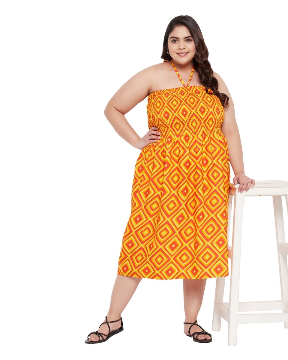 Orange Geometric Printed Polyester Tube Dress For Women