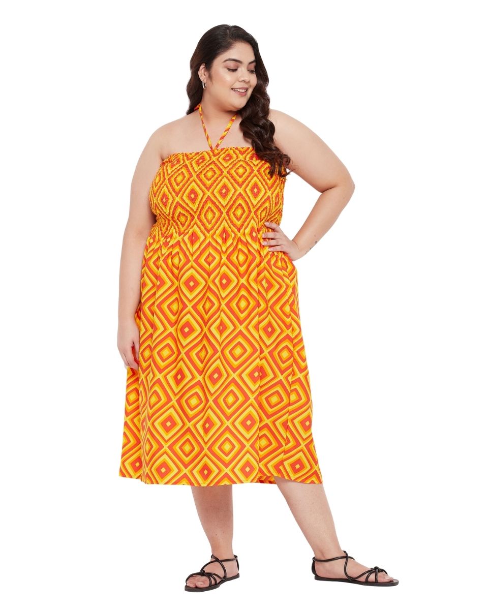 Orange Geometric Printed Polyester Tube Dress For Women