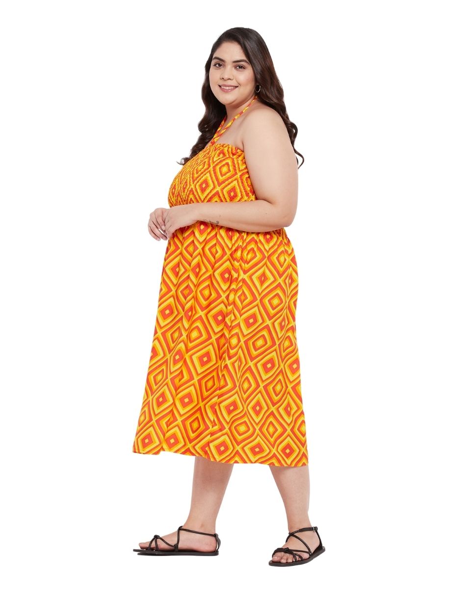 Orange Geometric Printed Polyester Tube Dress For Women