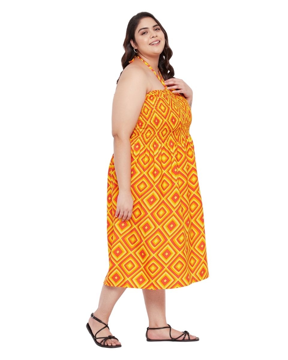 Orange Geometric Printed Polyester Tube Dress For Women