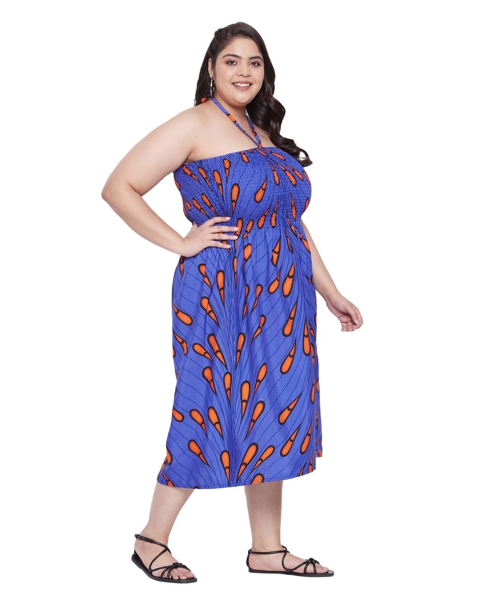 Tribal Printed Blue Polyester Tube Dress for Women