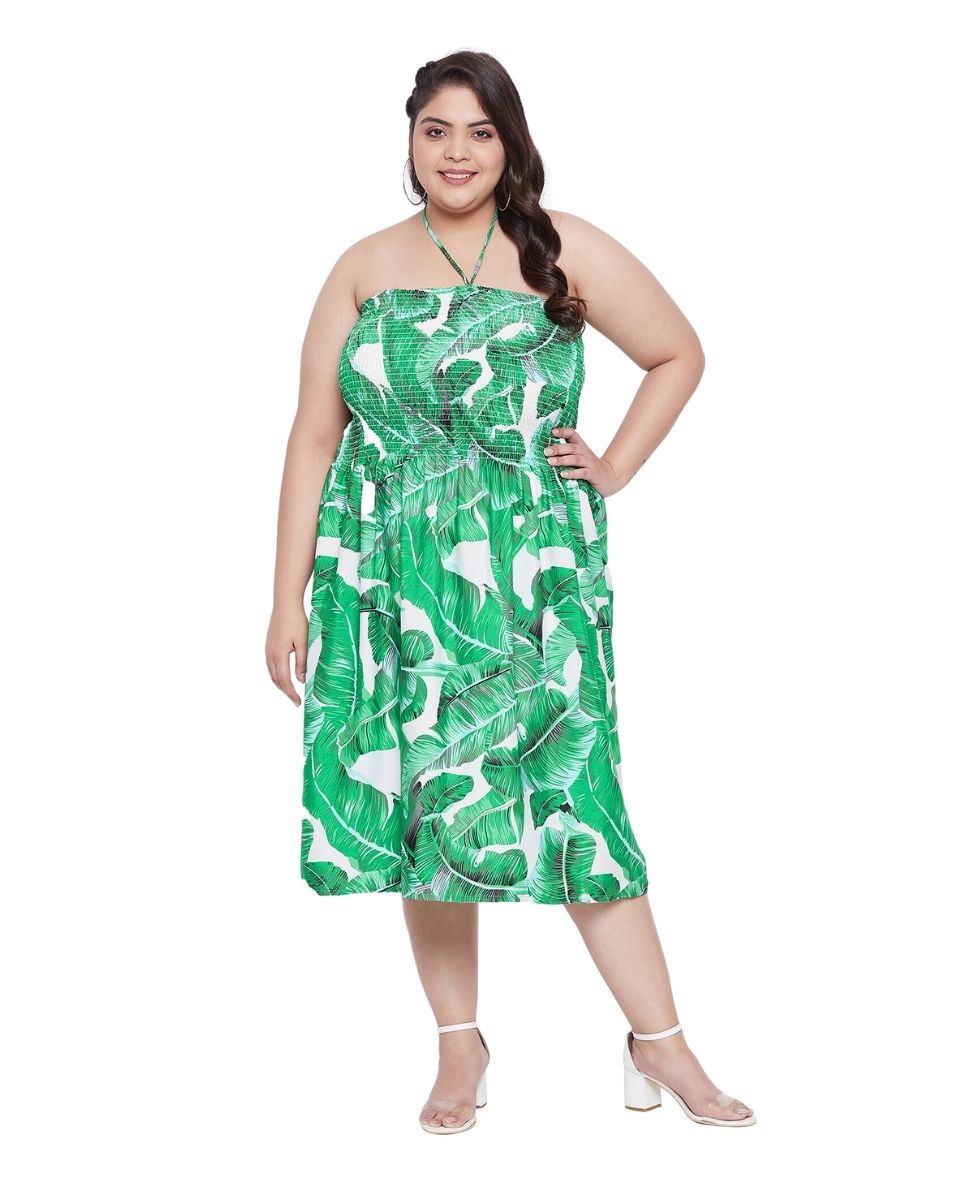 Leaf Printed Green Polyester Tube Dress for Women