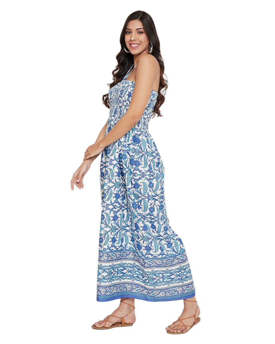 Floral Printed Blue Polyester Tube Dress for Women