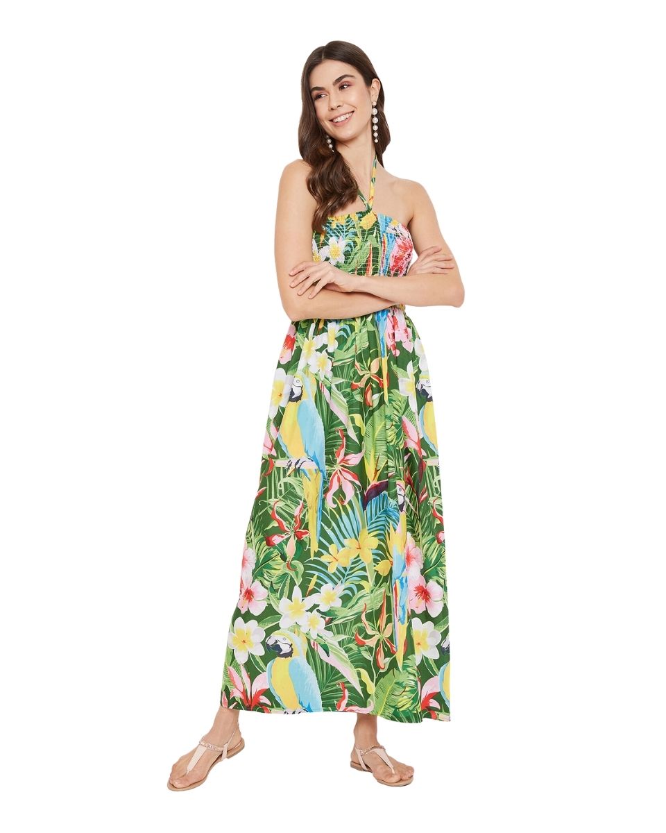 Green Leaf Printed Polyester Tube Dress For Women