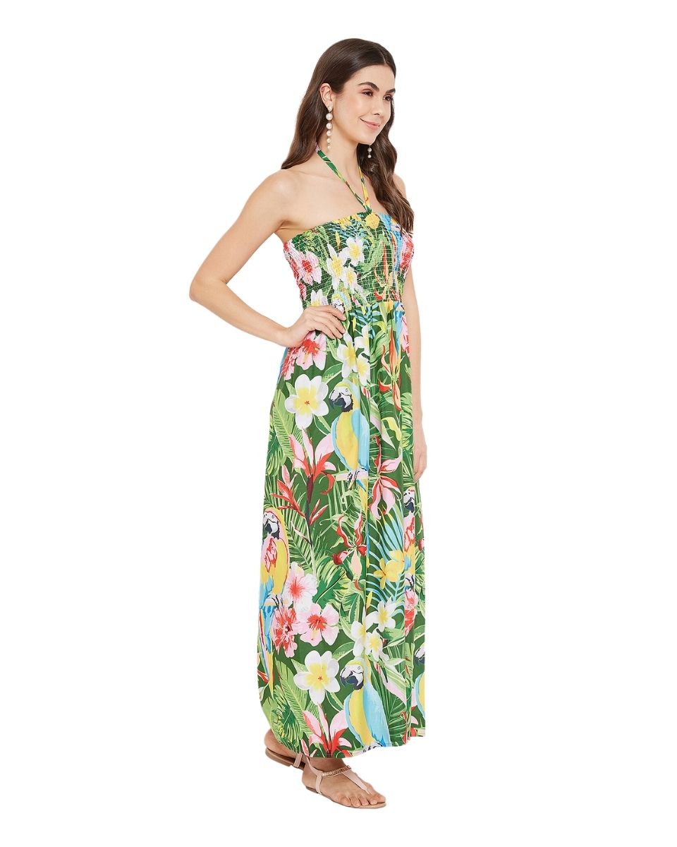 Green Leaf Printed Polyester Tube Dress For Women