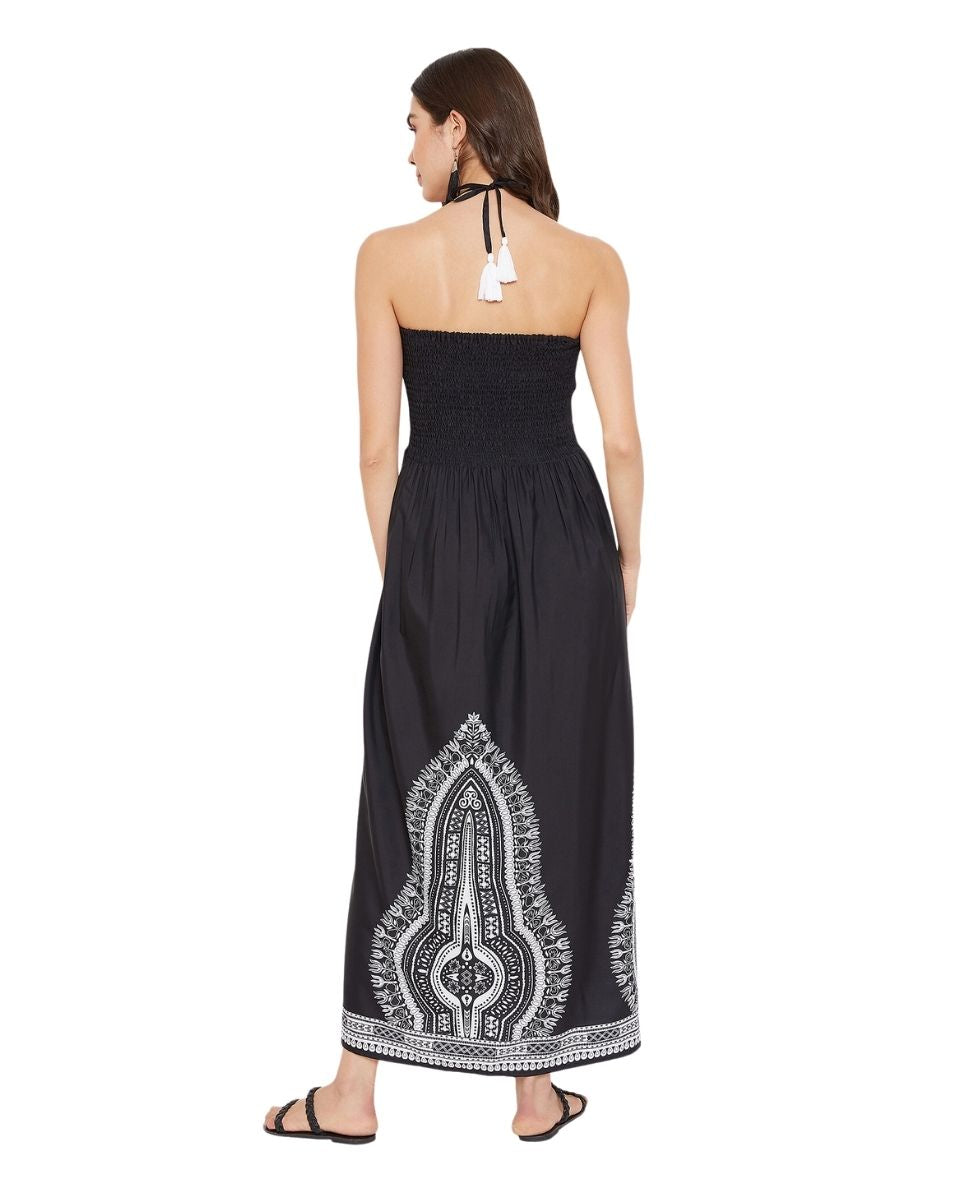 Tribal Printed Black Polyester Tube Dress For Women