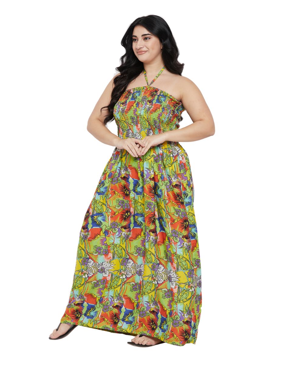 Asparagus Green Floral Print Polyester Tube Dress For Women