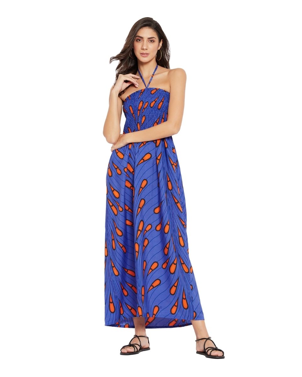 Blue Tribal Printed Polyester Tube Dress For Women