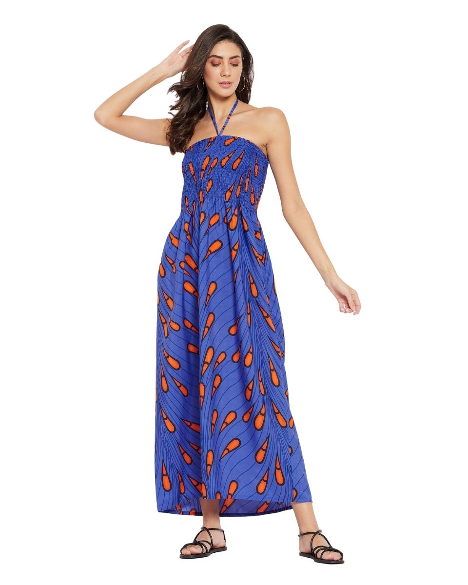 Blue Tribal Printed Polyester Tube Dress For Women