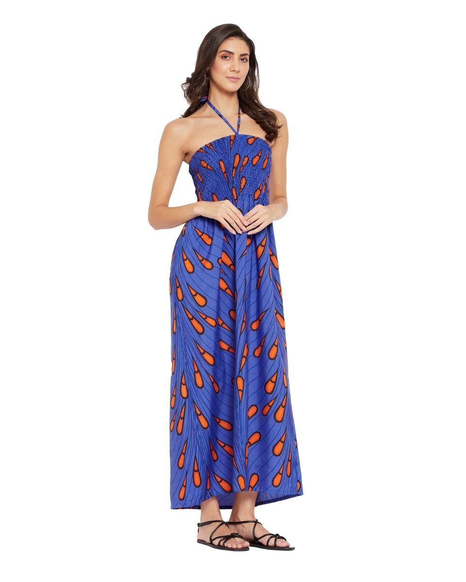 Blue Tribal Printed Polyester Tube Dress For Women