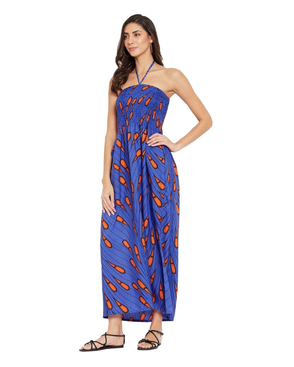 Blue Tribal Printed Polyester Tube Dress For Women