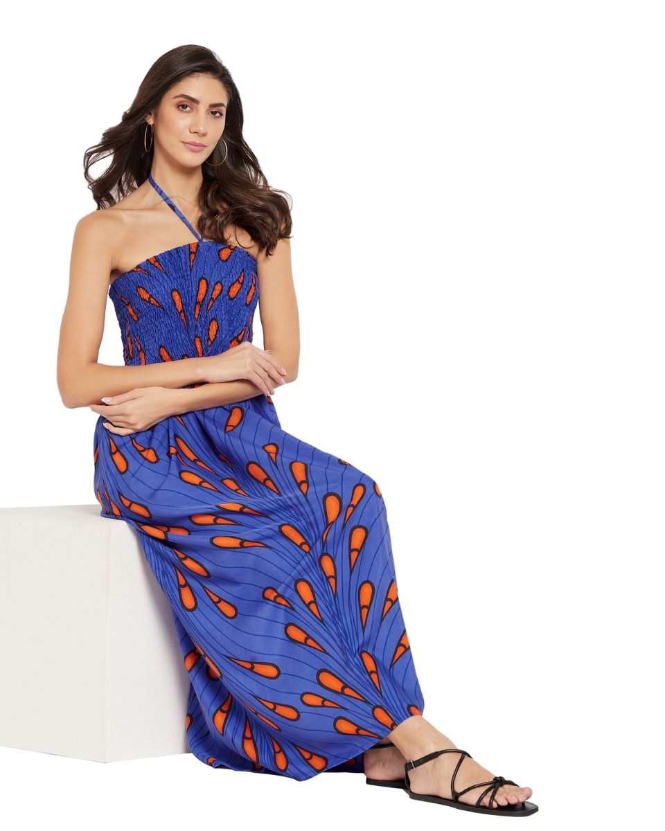 Blue Tribal Printed Polyester Tube Dress For Women