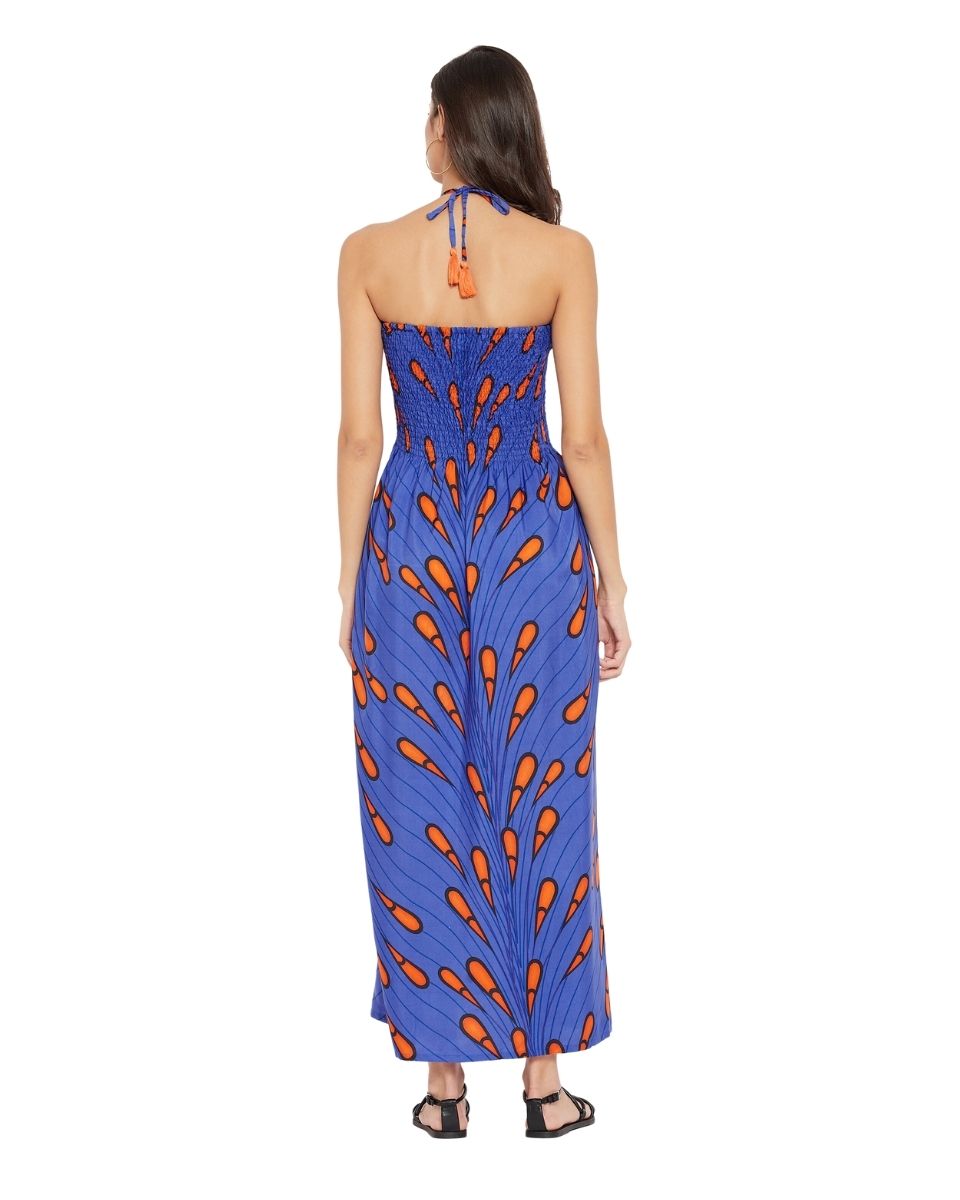 Blue Tribal Printed Polyester Tube Dress For Women