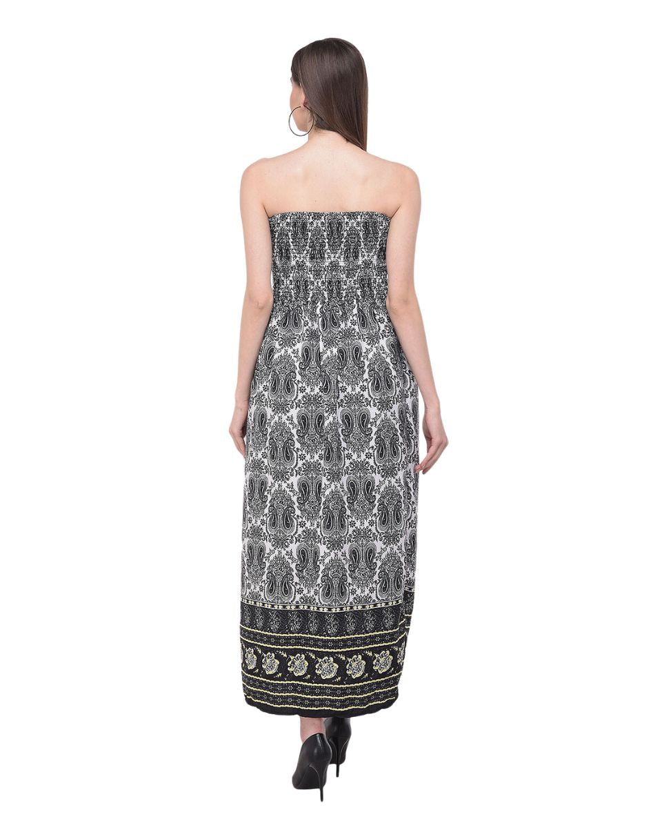 Black Paisley Printed Polyester Tube Dress For Women