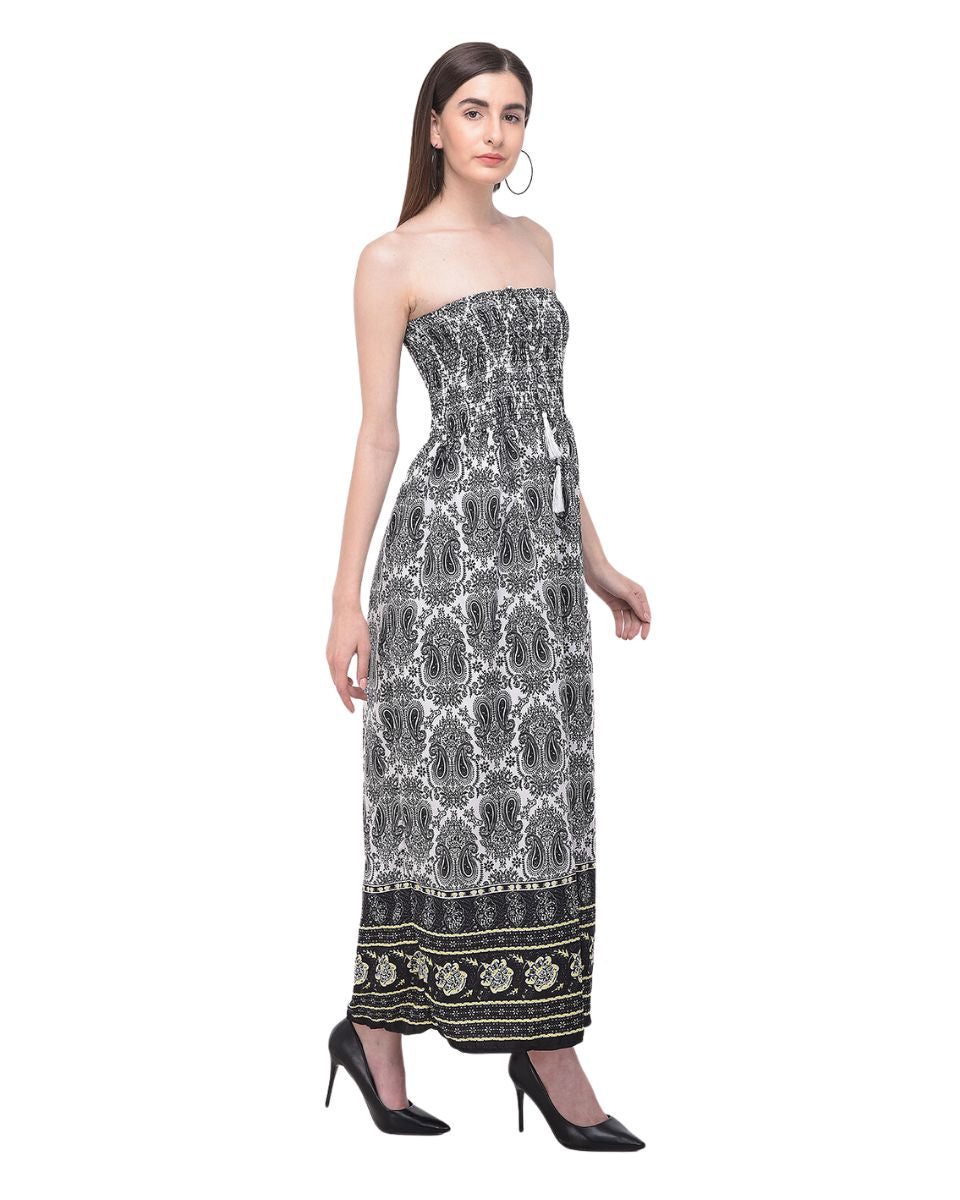 Black Paisley Printed Polyester Tube Dress For Women