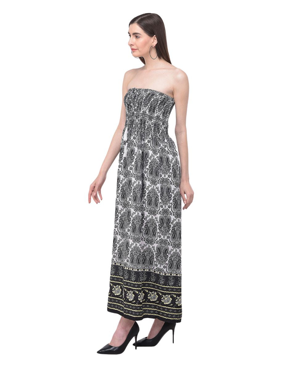 Black Paisley Printed Polyester Tube Dress For Women