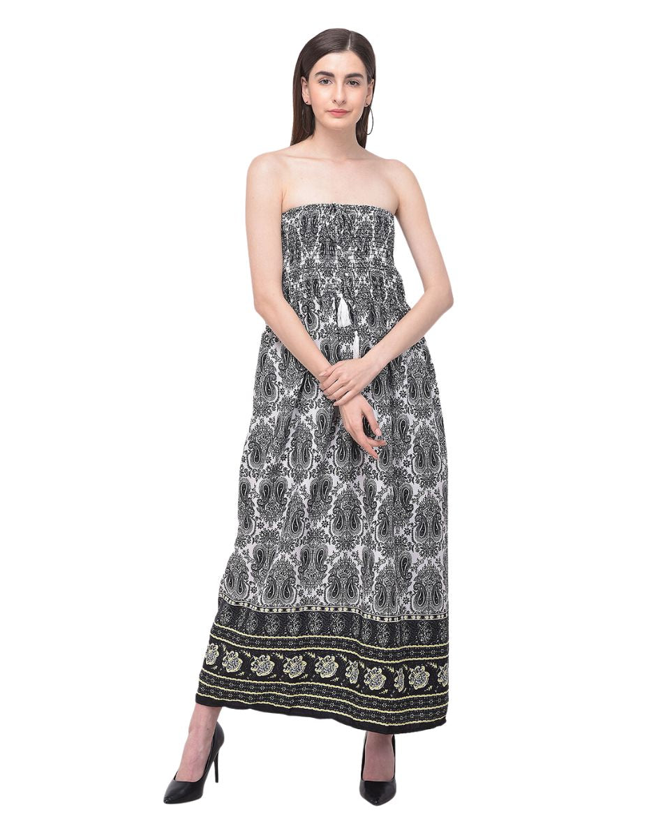 Black Paisley Printed Polyester Tube Dress For Women