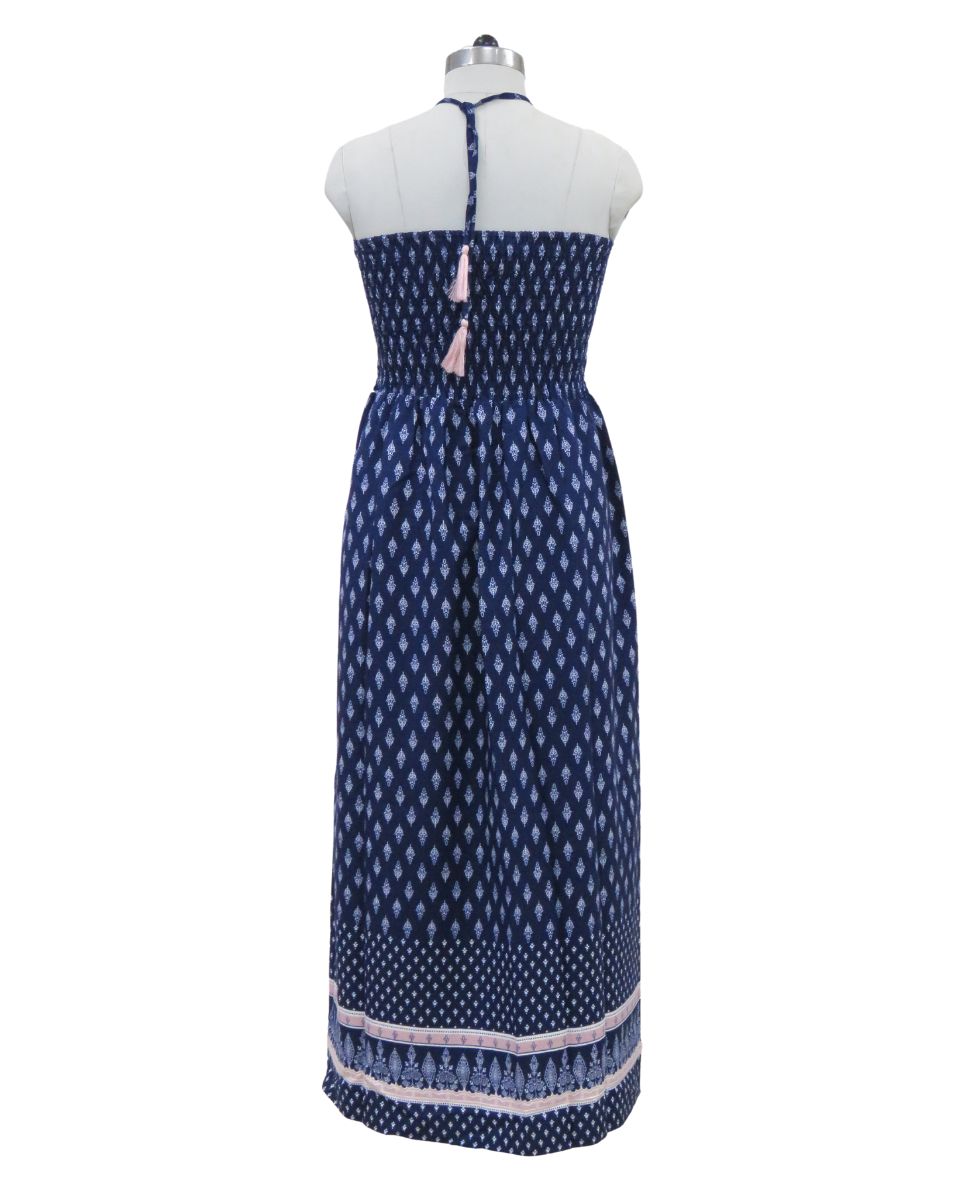 Floral Printed Navy Blue Polyester Tube Dress for Women