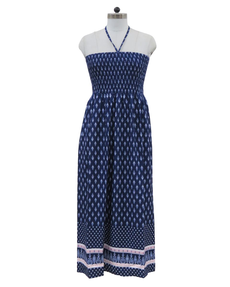 Floral Printed Navy Blue Polyester Tube Dress for Women