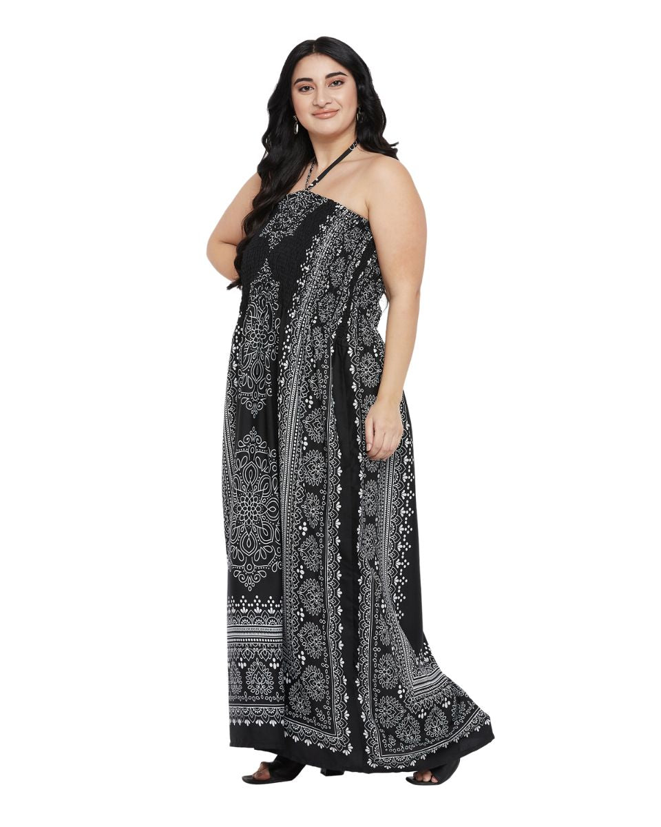 Black And Gray Damask Print Polyester Tube Dress For Women