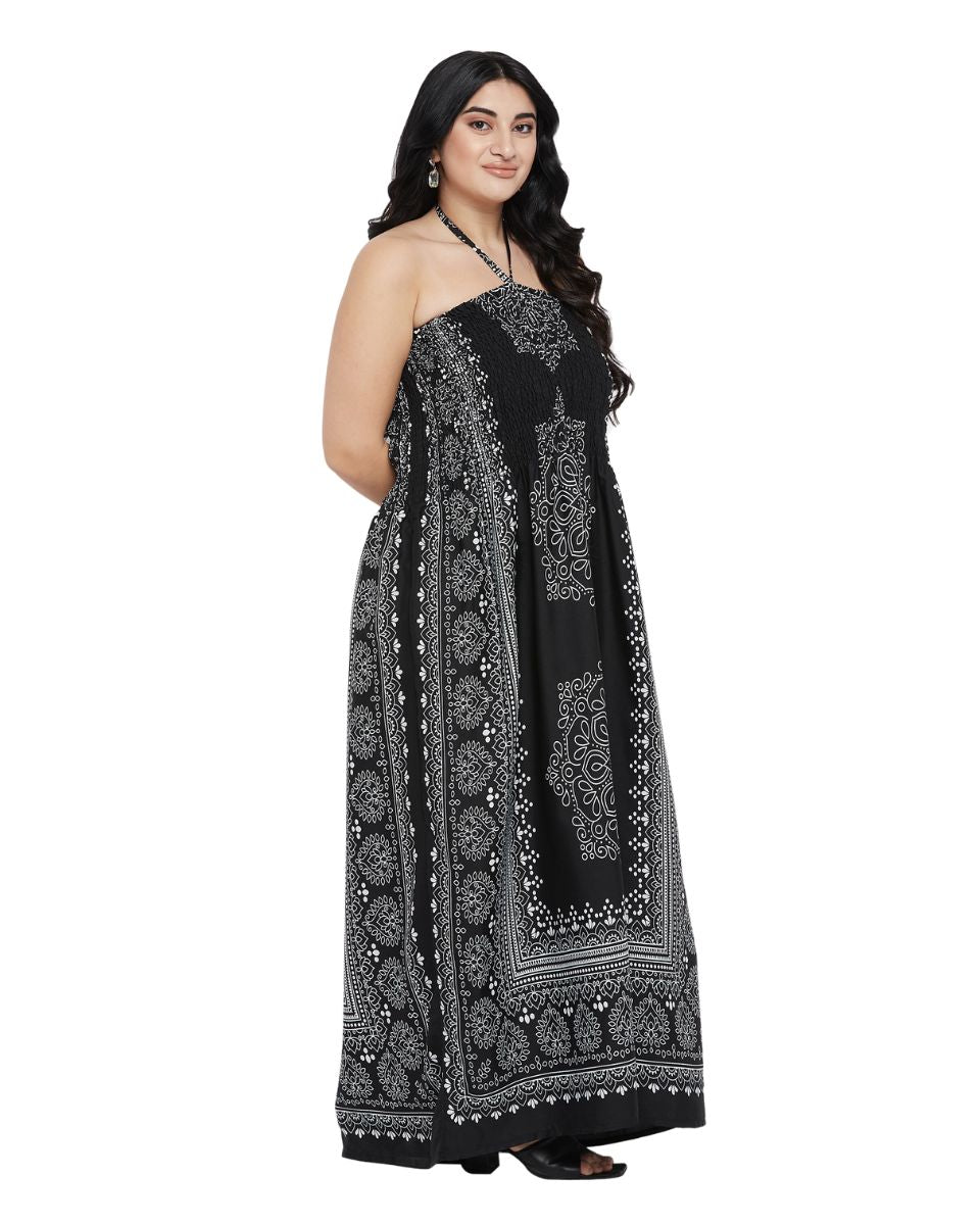 Black And Gray Damask Print Polyester Tube Dress For Women