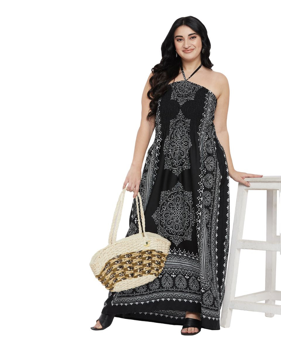 Black And Gray Damask Print Polyester Tube Dress For Women