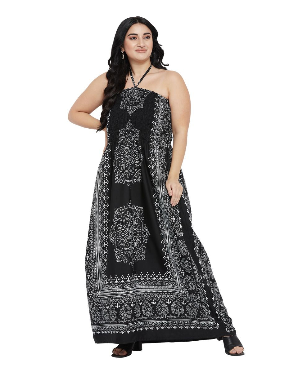 Black And Gray Damask Print Polyester Tube Dress For Women