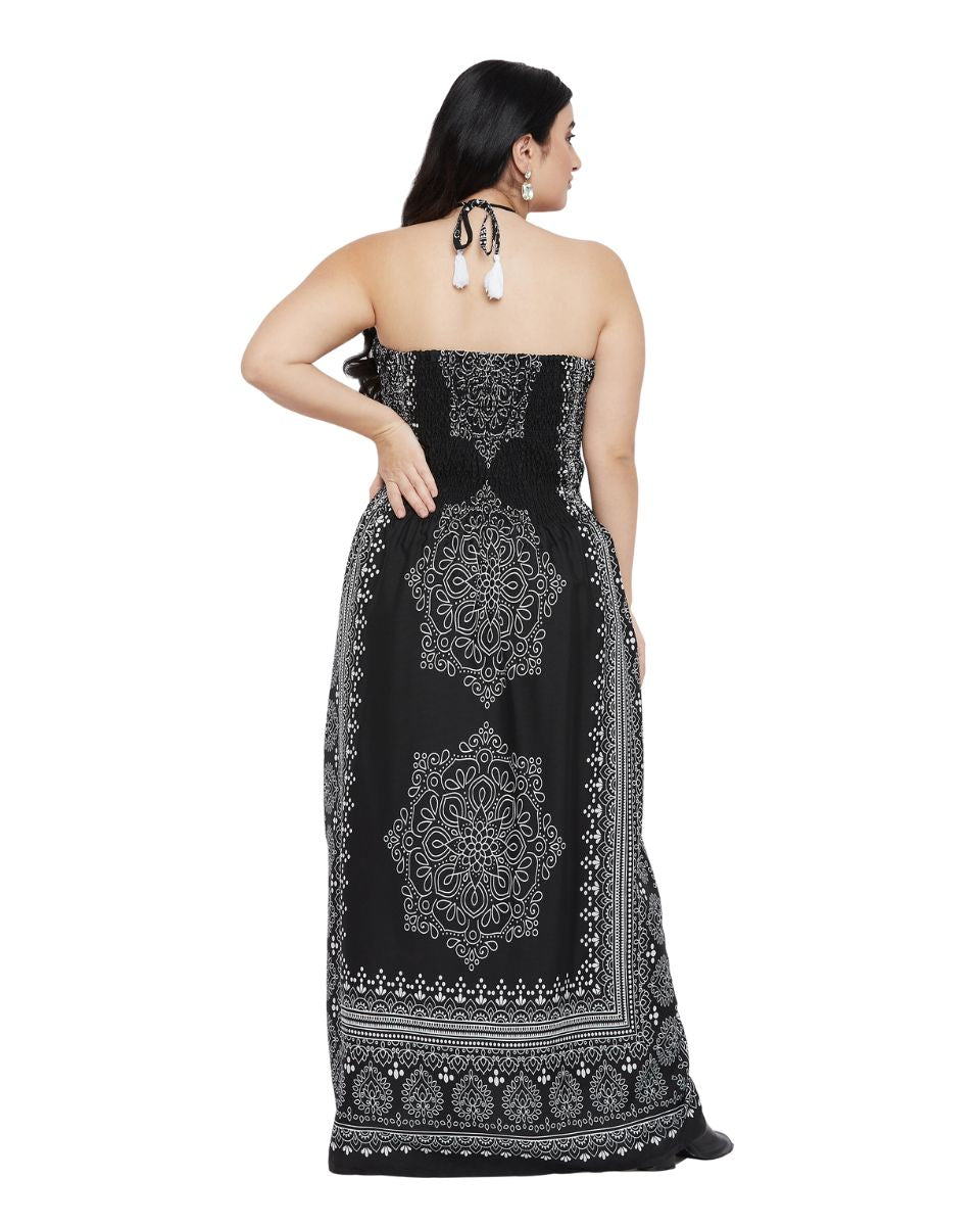 Black And Gray Damask Print Polyester Tube Dress For Women