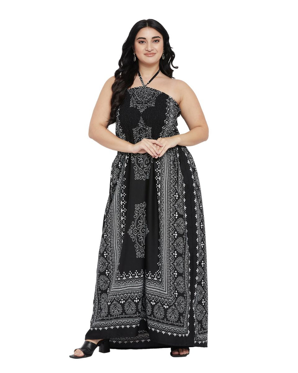 Black And Gray Damask Print Polyester Tube Dress For Women