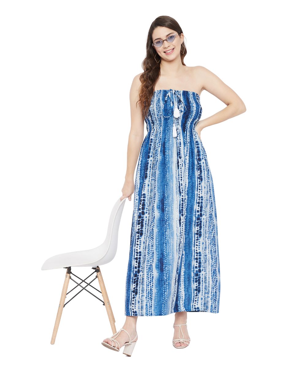 Tie Dye Printed Lapis Blue Polyester Tube Dress for Women