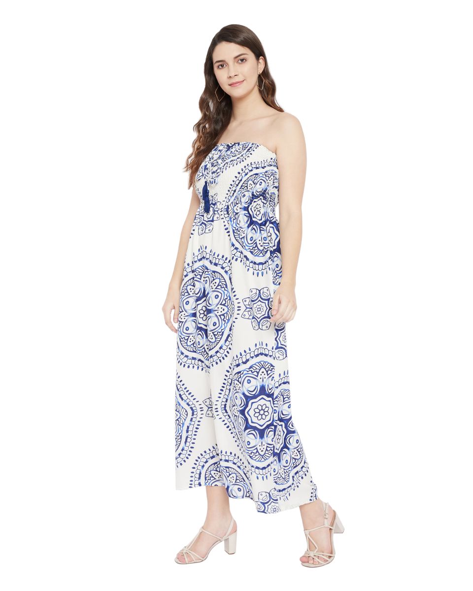 Mandala Printed Ecru Polyester Tube Dress For Women