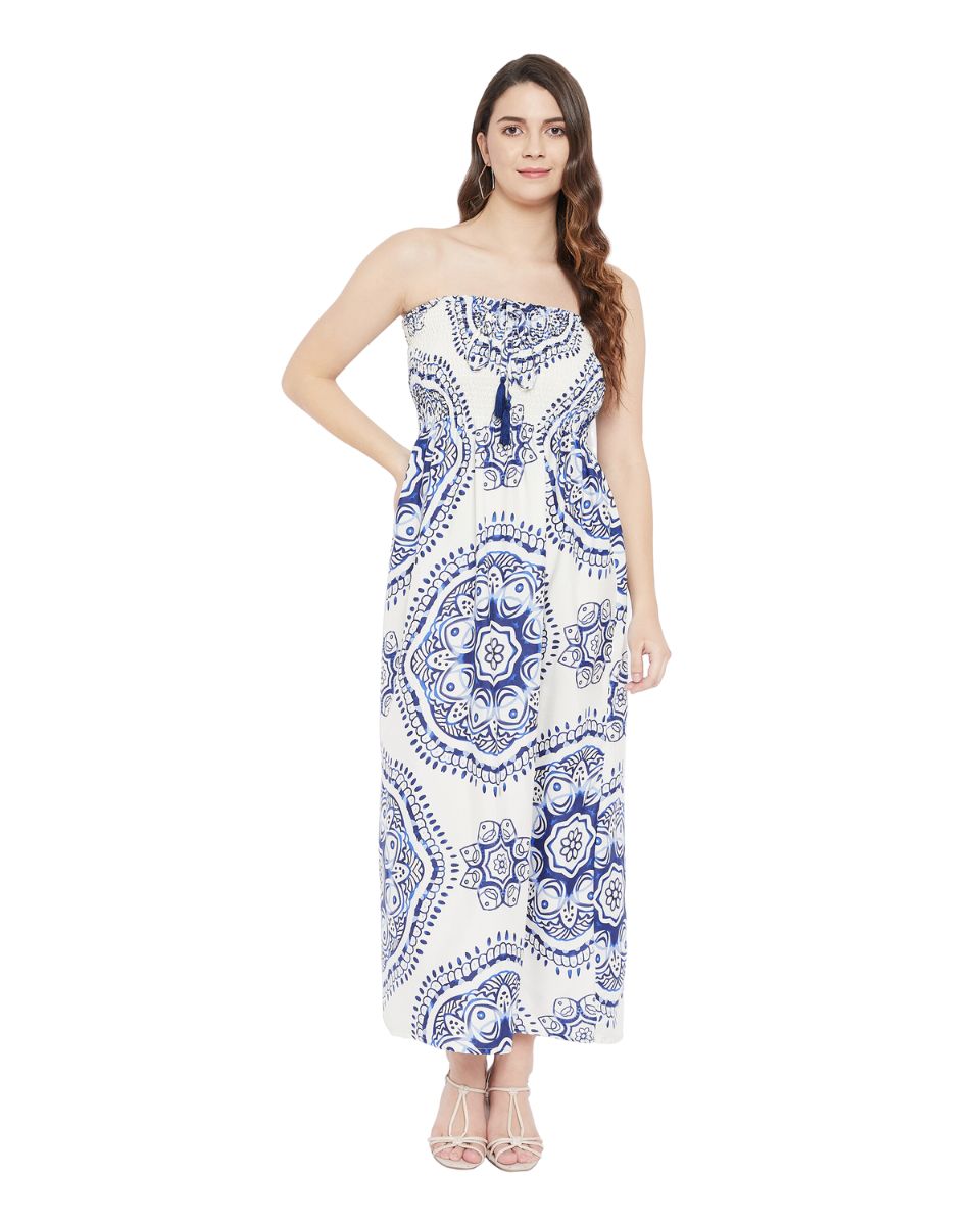 Mandala Printed Ecru Polyester Tube Dress For Women