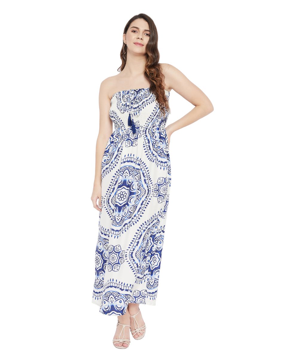 Mandala Printed Ecru Polyester Tube Dress For Women